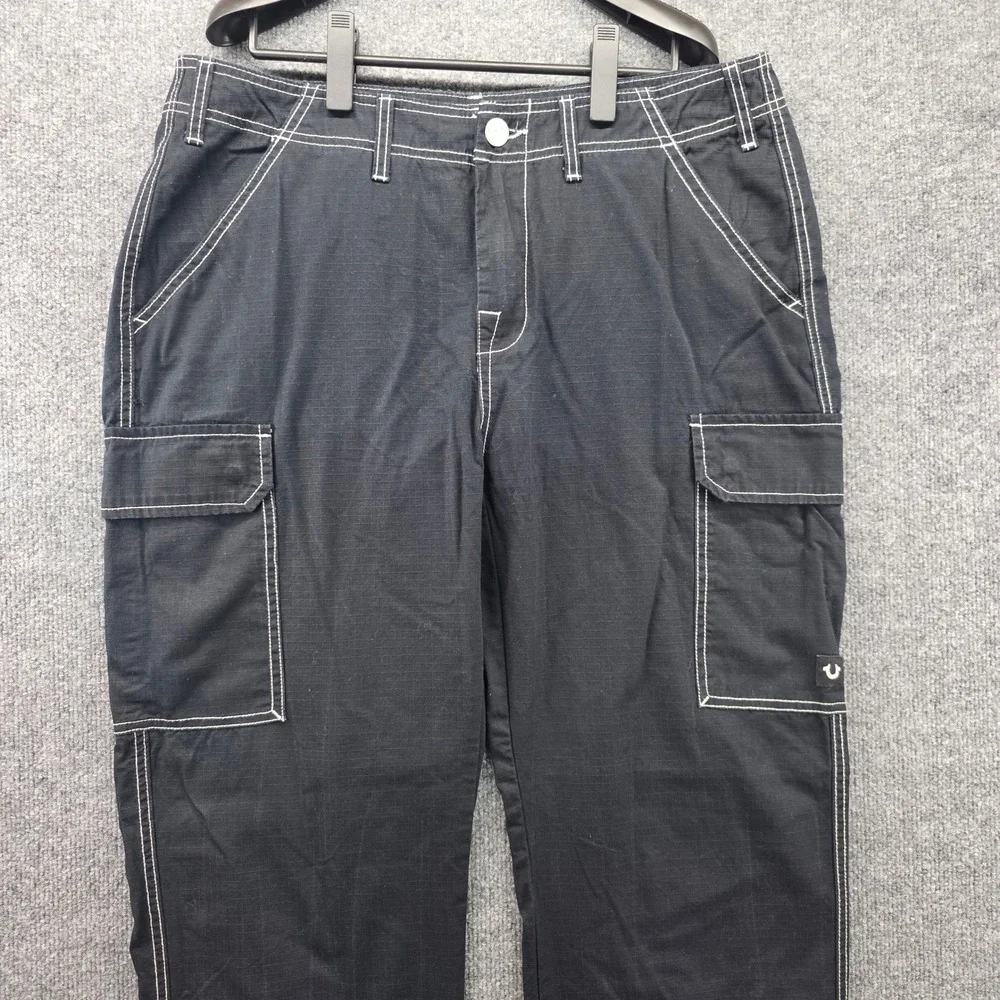 True Religion Mens Black Ripstop Contrast Stitch Cargo Pants Size 33 Utility